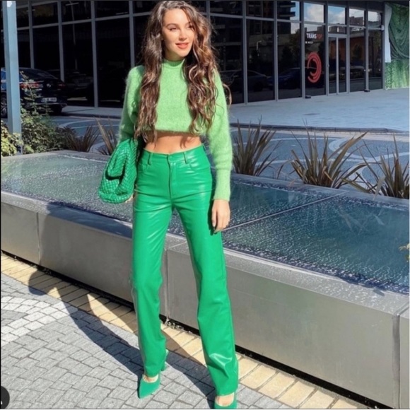 ZARA COLOURED FAUX LEATHER TROUSERS GREEN SIZE-XL - Picture 15 of 16